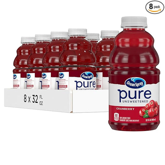 Ocean Spray® Pure Unsweetened Cranberry, 100% Cranberry Juice From Concentrate, 32 Fl Oz Bottle (Pack of 8)