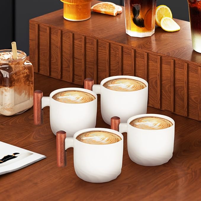RUNROTOO Porcelain Ceramic Tea Cups, Espresso Cups Wooden Handle, Modern Demitasse, Microwave and Dishwasher Safe