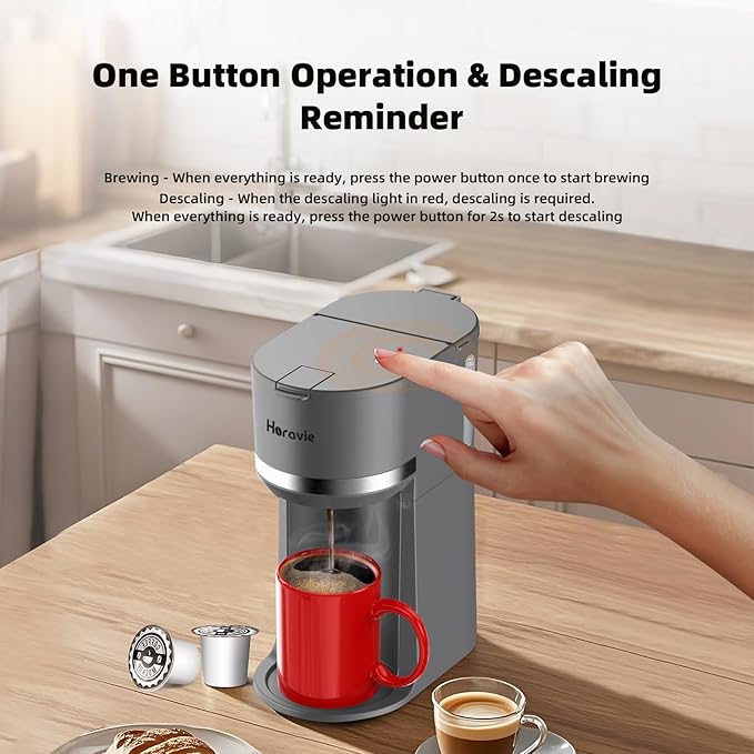 Horavie Mini Single Serve Coffee Maker for K Cup and Ground Coffee, Fast Brew One Cup Coffee Machine with Descaling Reminder and Water Window, 6 to 12 oz. Brew Sizes, Grey