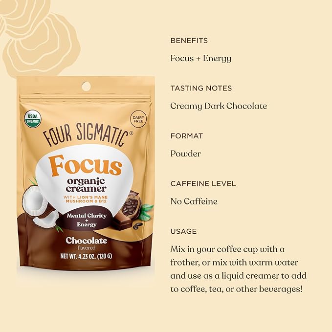 Four Sigmatic Focus Chocolate Coffee Creamer | Organic Non Dairy Coffee Creamer with Lion’s Mane and Vitamin B12 | Chocolate, 4.23 oz (Pack of 2)