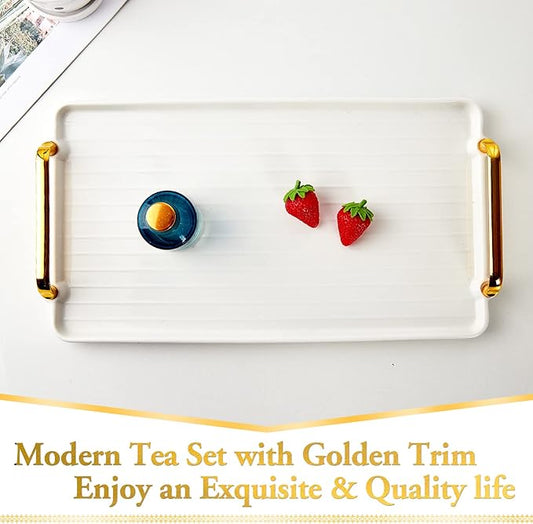 DUJUST Porcelain Serving Tray with Golden Handles, Modern Nordic Style Coffee Table Tray, Beautiful Tea Tray Decor for Living Room, Easy to Use & Clean