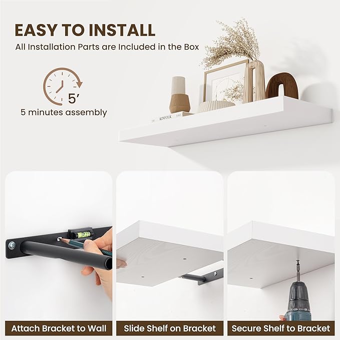 Fun Memories 24 x 10 Floating Shelves Wall-Mounted - Rustic Wood Shelf - 10 Inch Deep Floating Shelves for Wall - Large Storage Shelf for Bathroom - Kitchen & Bedroom - White - Set of 2