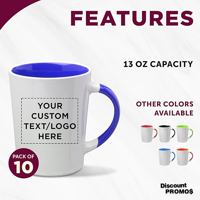 Custom Ceramic Latte Coffee Mugs by Albany 13 oz. Set of 10, Personalized Bulk Pack - Perfect for Coffee, Tea, Espresso, Hot Cocoa, Other Beverages - Cobalt Blue