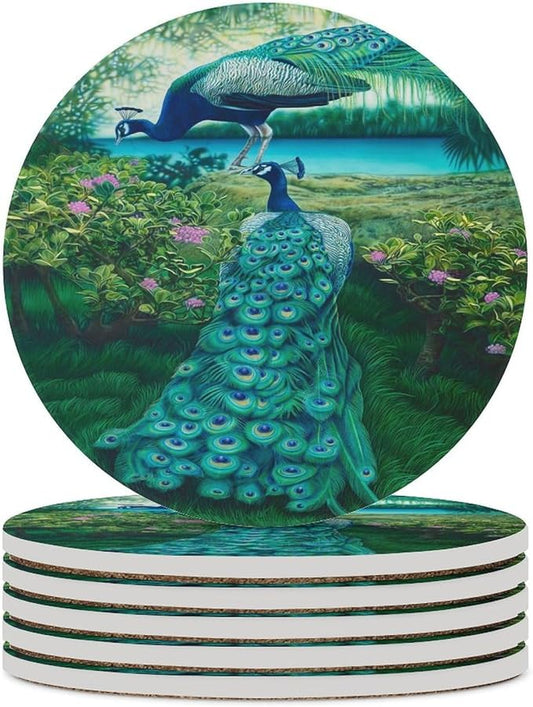 Round-6PCS Peacock Drink Coasters, Round Modern Ceramic Absorbent Coasters, Vintage Tree Branch Beautiful Plant Floral Green Peacock Decor Desk Coffee Table Coaster for Beverage Cup Tea Coasters
