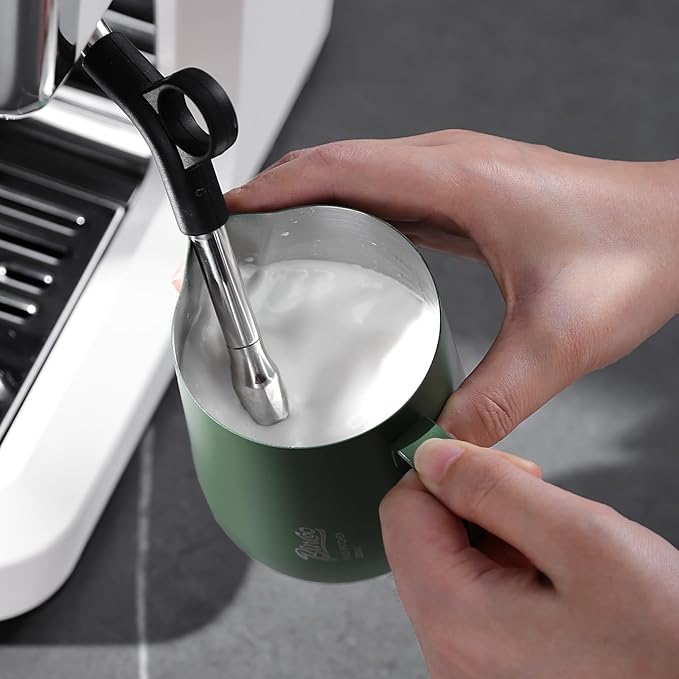 Milk Frothing Pitcher – Stainless Steel Latte Art Pitcher for Steaming and Frothing Milk – Espresso Coffee Milk Jug with Handle – Barista Tool for Latte, Cappuccino(Green-12oz)