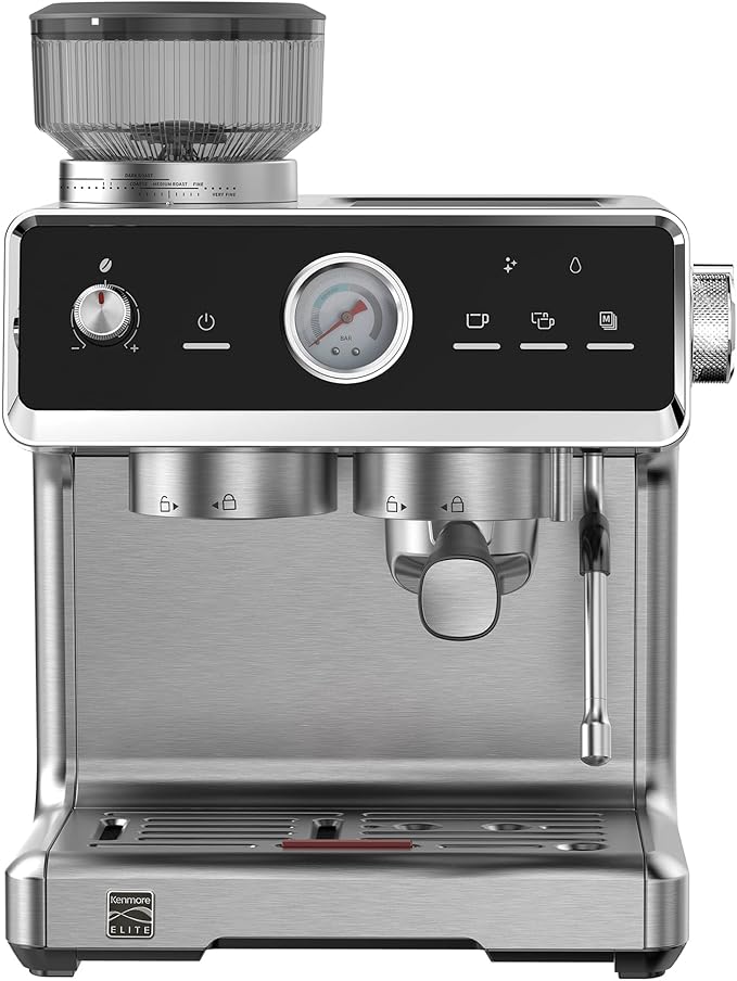 Kenmore Elite Espresso Machine – Automatic Coffee Maker with Auto Tamper, Auto Cleaning, Milk Steamer & Frother, Bean Grinder, Brew Professional Barista Style Cappuccino, Café Latte