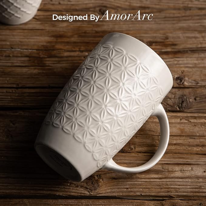 AmorArc Large Coffee Mugs Set of 6, 16oz Ceramic Tall Coffee Mugs Set with Textured Geometric Patterns for Coffee/Tea/Beer/Hot Cocoa, Dishwasher & Microwave Safe, Beige&Burgundy