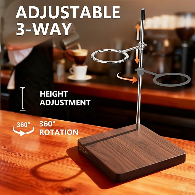 COZYGIFT Pour Over Coffee Maker Stand with American Black Walnut Base, Stainless Steel Adjustable Dripper Holder, Wooden Brewing Station, Cone Brewer Rack, Barista Accessories & Kitchen Coffee Décor