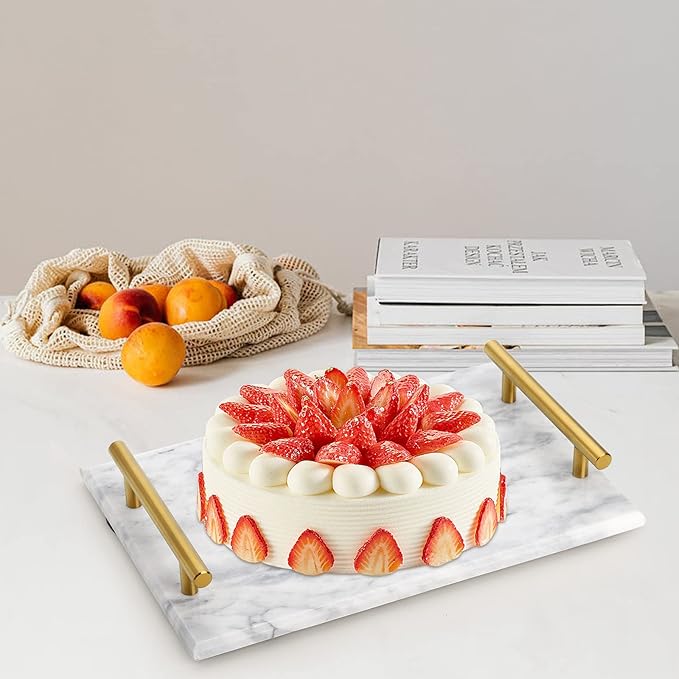 DEAYOU Decorative Tray with Gold Handles, Natural Marble Stone Tray, 12" Nightstand Serving Tray with Metal Handle, Perfume Tray Pastry Food Board for Bathroom, Vanity, Coffee Table, Desk, White