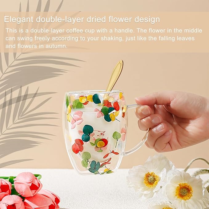 Gifts for Women Dried Flowers Double Wall Glass Coffee Mugs Cute Glass Tea Cups with Handles Christmas Birthday Gift for Best Friend Teacher Mum Gifts New Home Gift Ideas Autumn Mug Home Decor