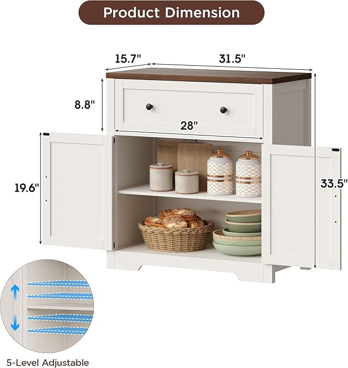 Coffee Bar Cabinet with Storage, Small Kitchen Storage Cabinet, Modern Farmhouse Buffet Sideboard with Drawers and Adjustable Shelves, Barn Door Accent Cabinets for Kitchen, Dining Room, Living Room