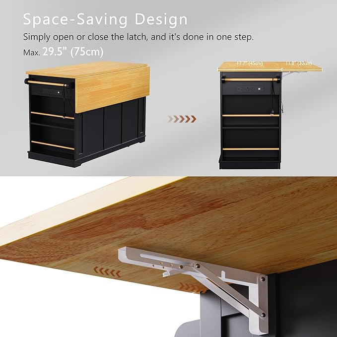 Rolling Kitchen Island with 2 Bar Stools, Drop Leaf & Power Outlet, Large Kitchen Islands Cart on Wheels, Movable Kitchen Island with 5 Open Shelves & Towel Rack for Kitchen, Dining Room, 53″, Black