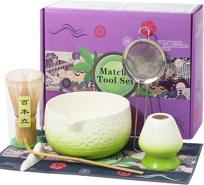 Matcha Whisk Set, 7Pcs Green Matcha Kit for Ceremony, Handcrafted Gifts for Women, Traditional Ceramic Matcha Bowl with Spout, Bamboo Whisk and Holder, Tea Set for Matcha Lovers, Gift for Christmas