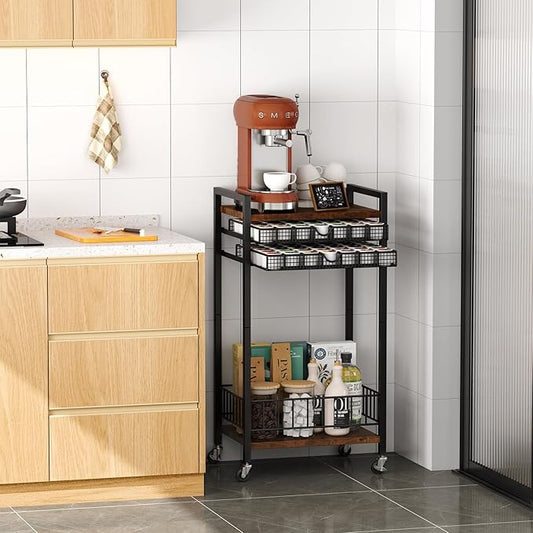 Miratino Coffee Bar Stand Station Cart, Coffee Pod Holder Drawer for 84 Coffee Pods Storage, Coffee Cart with Wheels, Stylish Home or Office Coffee Bar Station Organizer, Rustic Brown