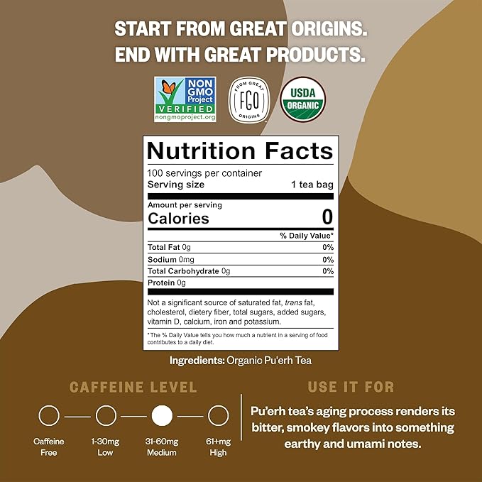 FGO Organic Pu'erh Tea, 100 Count, Eco-Conscious Black Tea Bags, Resealable Bag, Packaging May Vary (Pack of 1)