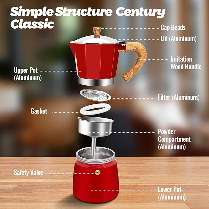 Vaolvpant 3 Cup Aluminum Moka Pot Classic Stovetop Espresso Coffee Maker 150ml 5oz Coffeemaker Percolator Mocha Pot Greca Coffee Maker Cafe Makers for Italian and Cuban Café Brewing Red