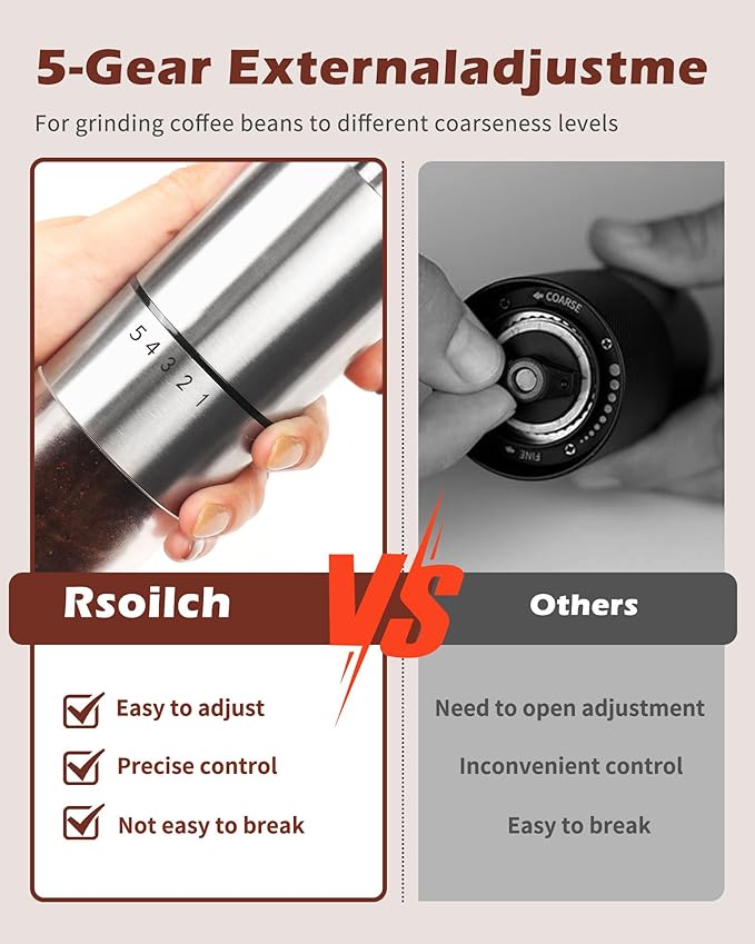 Rsoilch Manual Coffee Grinder | Ceramic Burr | 5 Grind Settings | Stainless Steel | Espresso to French Press