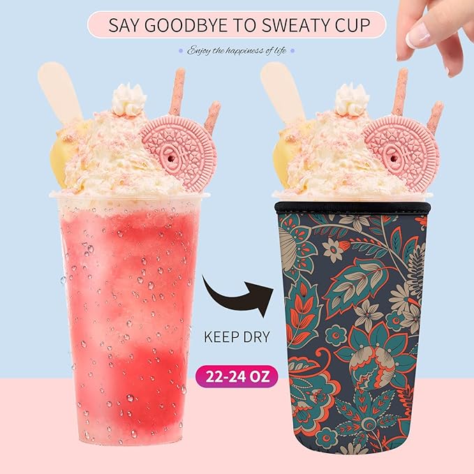 Reusable Neoprene Insulator Sleeve for Iced Coffee Cups, Medium 22-28oz Durable Drink Sleeve for Cold Beverages, Cute Beverage Holder Cup Sleeve for Women Men Boho Paisley