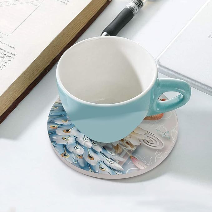 Round-6PCS Peacock Ceramic Coasters, Round Absorbent Drink Coasters, Vintage Country Flower Beautiful Peacock Floral Ceramic Table Coasters for Coffee, Beverage, Wine, Beer Coasters