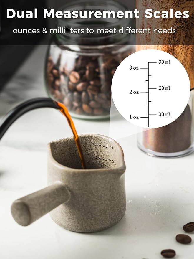 YHOJOY Measuring Cups Ceramic, Double Spouts Espresso Cup with Handle, Coffee Measuring Cups, Espresso Shot Milk Cup Pitcher 90 Ml, Gray