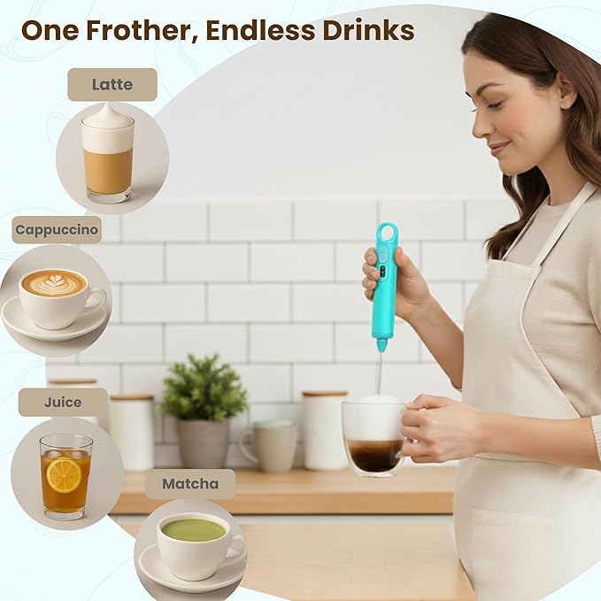 Rechargeable Milk Frother Handheld 3 Speed Coffee Foamer [3 Whisk] Electric Drink Mixer for Latte, Cappuccino, Coffee, Eggs, Hot Chocolate, Mint