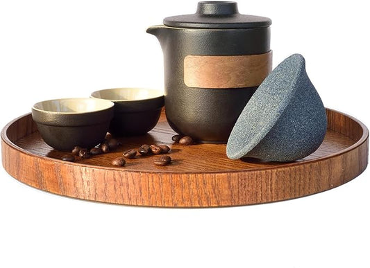Pour Over Coffee Maker - All-Ceramic Drip Set, Single Serve Coffee Maker with Pour Over Dripper, Reusable Ceramic Filter & Carafe, Portable Travel Drip Kit with Cup + Storage Bag