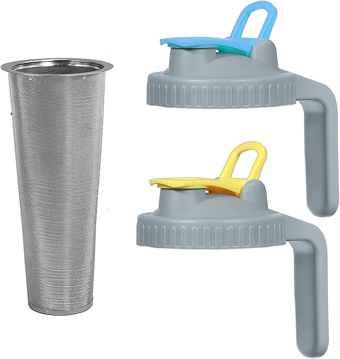 Coffee Strainer Stainless Steel Mesh Filter- 2 Quart (64 oz)- 2pcs Wide Mouth Flip Cap Lids with Handle for Ball Mason Jar (Blue & Yellow), Suitable for Cold Brew, Lemonade, Iced Tea and Iced Coffee