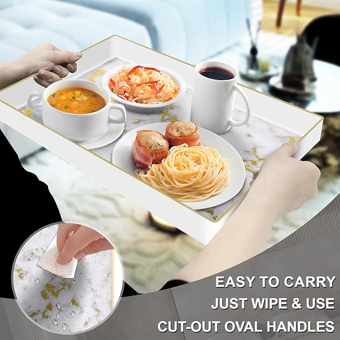 MAONAME White Decorative Tray with Handles, Plastic Serving Tray for Coffee Table, Marbling Rectangular Tray for Ottoman, Bathroom, Storage, 15.8" Lx 10.2" W X 1.4" H