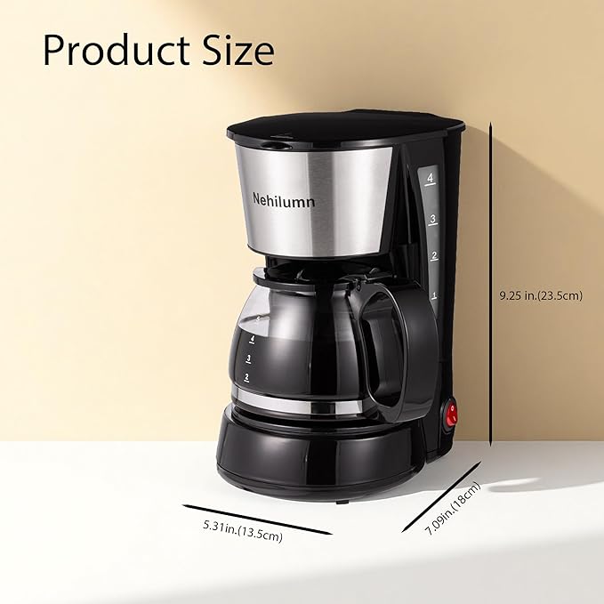 4 Cups Drip Coffee Maker, Coffee Pot Machine Permanent Coffee Filter, Mini,20Oz Electric Coffee Maker,650W Black and Stainless Steel