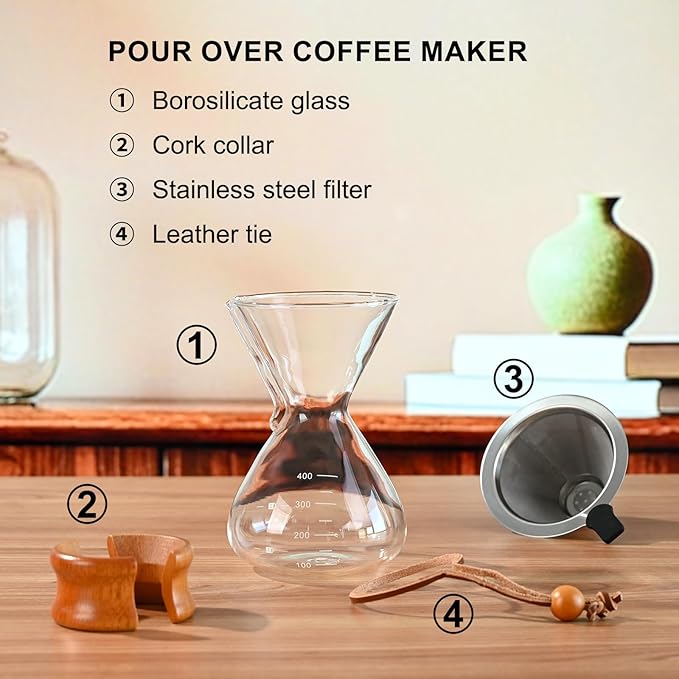 Pour Over Coffee Maker with Stainless Steel Filter, Pour Over Coffee,Pour Over Coffee Dripper, 13.5 OZ, Drip Coffee Maker, High Heat Resistant Carafe, also for Camping, Hiking