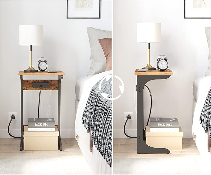 TUTOTAK C Shaped End Table with Charging Station, Set of 2, Couch Table, Tv Tray with 2 USB Ports and Outlets, Sofa Side Table for Small Spaces, Living Room, Bedroom TB01BB0442