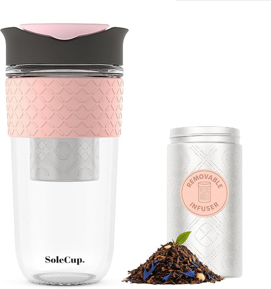 Large Travel Mug Loose Tea Infuser - Detachable Tea Strainer with Spill Proof Lid - 18oz/530ml BPA-Free Reusable Glass Travel Coffee Cup with Silicone Band (Gray and Pink, 18oz)