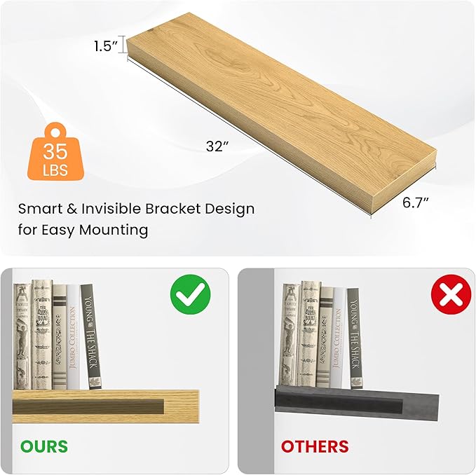 Floating Shelves for Wall, 31.5" W x 6.7" D x 1.5" H, Wooden Wall Mounted Display Shelves with Invisible Brackets for Living Room, Bedroom, Bathroom, Kitchen Decor and Storage, Set of 2, Oak