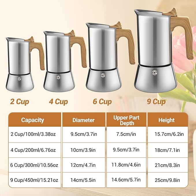 Vaolvpant No Coating 6 Cup Moka Pot Thickened 304 Stainless Steel Stovetop Espresso Coffee Maker 300ml 10.1oz Mocha Percolator Greca Cuban Ideal for Making Rich Authentic Italian Café