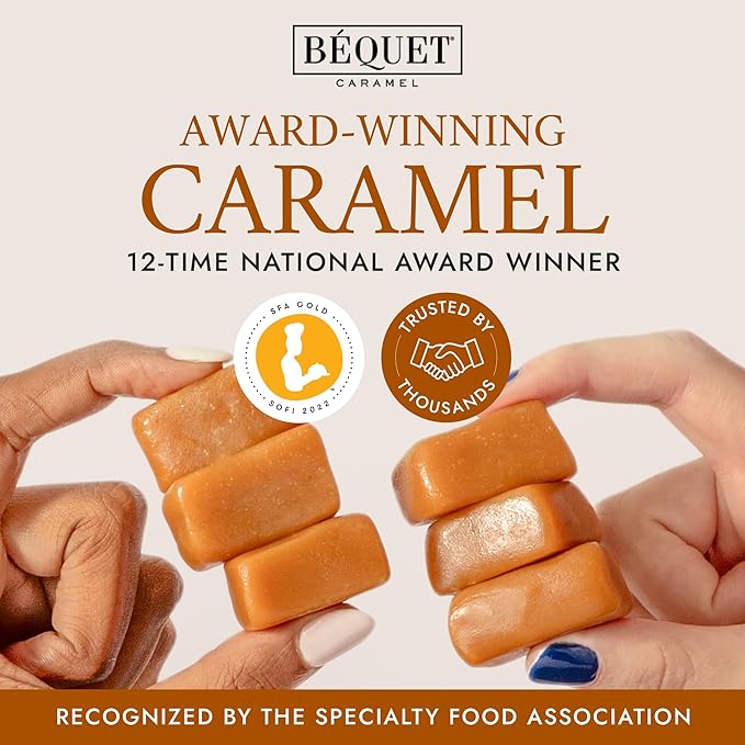 Béquet Assorted Caramels - Gourmet Individually Wrapped Candy Variety Pack - Celtic Sea Salt, Salt Chocolate, Classic Vanilla, Butterscotch, Green Apple, Salted Mocha & Salted Butterscotch - 8 oz Gift Bag