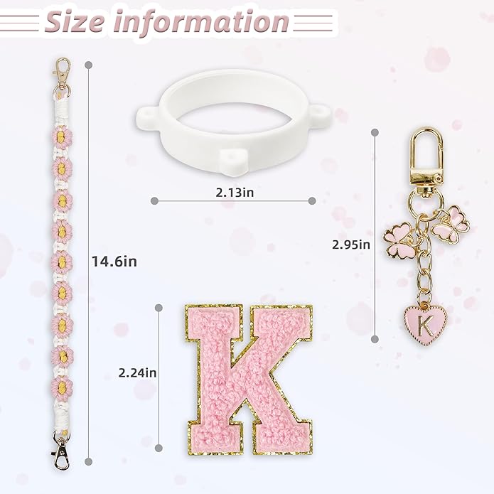Compatible with Owala Water Bottle Accessories, Cute Letter Charm Set with Boho Handle Strap, Monogram Sticker, Silicone Ring, Keychain Decoration, for FreeSip 24 32 40oz, Owala Kids, Tumbler Gift