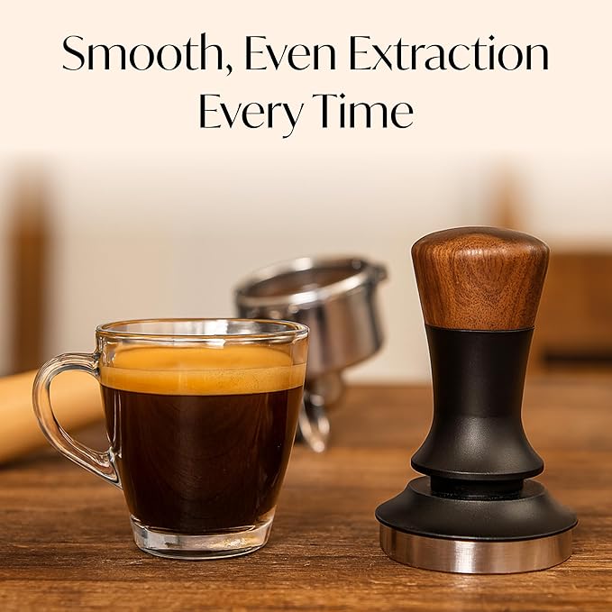 Espresso Tamper for 54mm Portafilter – Adjustable Depth Spring Loaded Tamper for Consistent Tamping – Barista Coffee Press Tool with Stainless Steel Base – Black & Walnut
