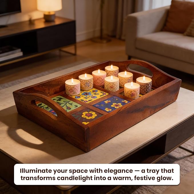 Craft Trade Mango Wood Serving Tray with Handle and 6 Fitted Floral Ceramic Tiles Wooden Platters Perfect for Breakfast Tea Coffee Snacks Dinner 30x23x8 cm Rectangle