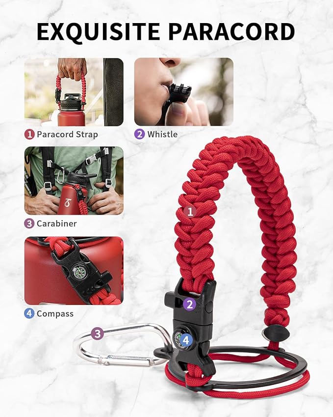 Trebo Water Bottle 40oz with Paracord Handle, Half Gallon Large Vacuum Double Wall Stainless Steel Insulated Water Jug with Holder Strap Straw Spout Lids, Leakproof Keep Cold & Hot, Red