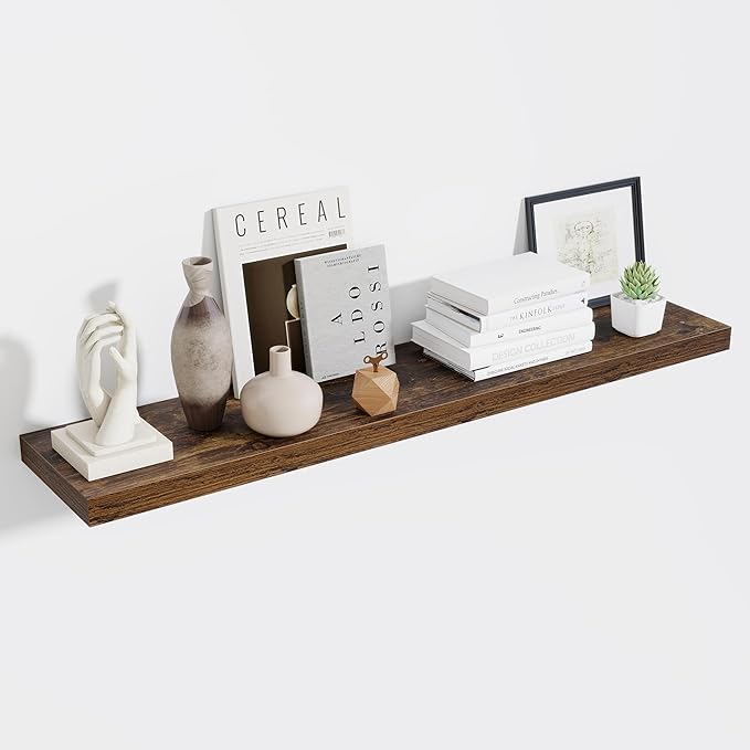 Fun Memories 55 Inch Fireplace Mentel Shelf, 10 Inch Deep Shelves for Display & Wall Storage, Rustic Wood Wall Shelf, Extra Long Floating Shelves for Living Room Laundry Room, Rustic Brown, Set of 1