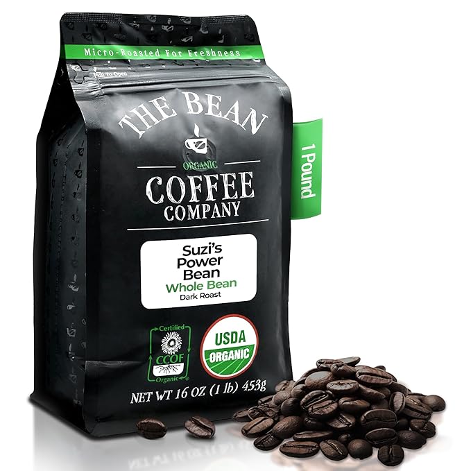 The Bean Organic Coffee Company Suzi's Power Bean, Dark Roast, Whole Bean Coffee, 16-Ounce Bag