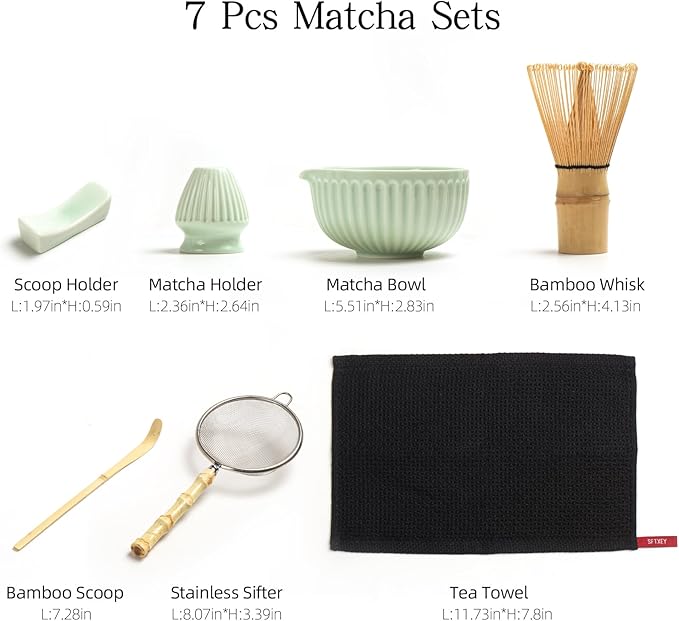 Matcha Whisk Set, Matcha Set Includes Ceramic Matcha Bowl, Matcha Whisk and Holder, Bamboo Scoop, Sifter, Scoop Rest and Tea Towel - 7 Pcs Matcha Making Kit for Matcha Lover and Tea Ceremony