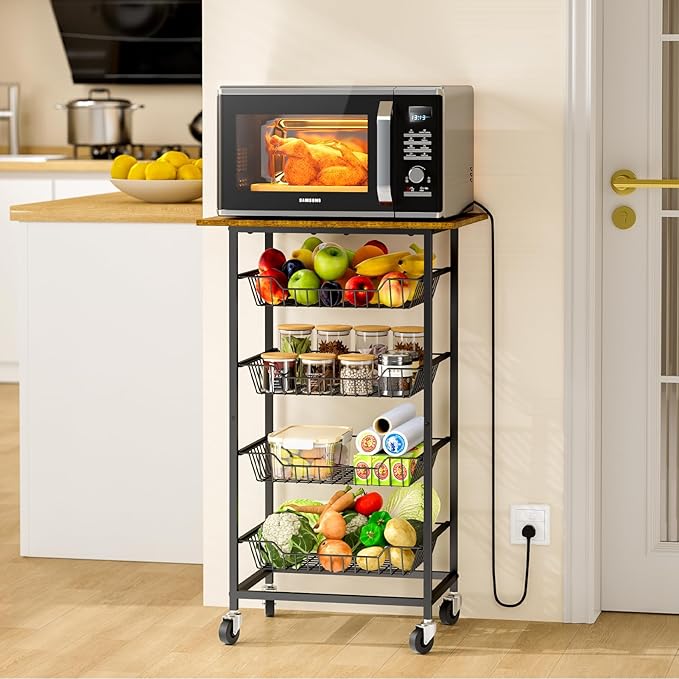 Kitchen Microwave Cart with Fruit Baskets, 5 Tier Microwave Table Stand with Fruit Vegetable Storage Small Rolling Cart on Wheels, Floor Organizers and Storage for Pantry Kitchen, Living Room