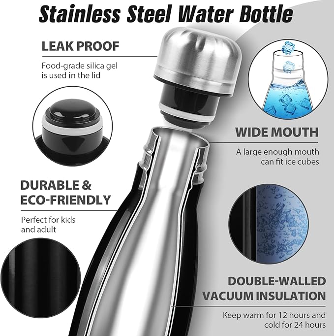 Sfee Insulated Water Bottle, 17 oz Stainless Steel Water Bottles, Double Wall Vacuum Reusable Water Bottles Leak Proof BPA-FREE Sports Bottle Cup Keep Hot&Cold for Running Gym Workout Cycling Kids