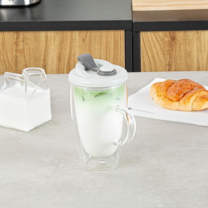 Restaurantware Glass Travel Mug 1 Count 15 Ounce Double Wall Borosilicate Reusable Coffee Cup, Spill-Resistant Gray Silicone Lid, Clear Drinkware Mug for Hot and Cold Beverages