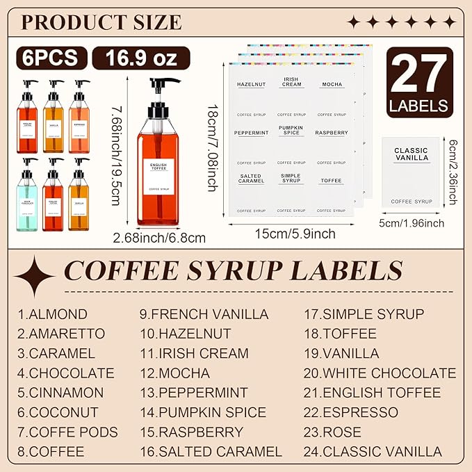 Nuogo 6 Pcs Coffee Syrup Dispenser Set 750ml, 500ml, 300ml, 150ml Pet Black Syrup Bottles with Pump Dispenser 27 Labels for Coffee Bar Kitchen Accessories Portable Travel(16.9 oz,Square)