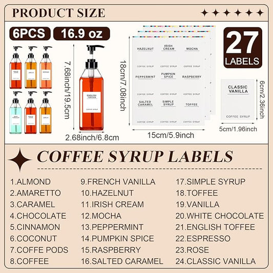 Nuogo 6 Pcs Coffee Syrup Dispenser Set 750ml, 500ml, 300ml, 150ml Pet Black Syrup Bottles with Pump Dispenser 27 Labels for Coffee Bar Kitchen Accessories Portable Travel(16.9 oz,Square)