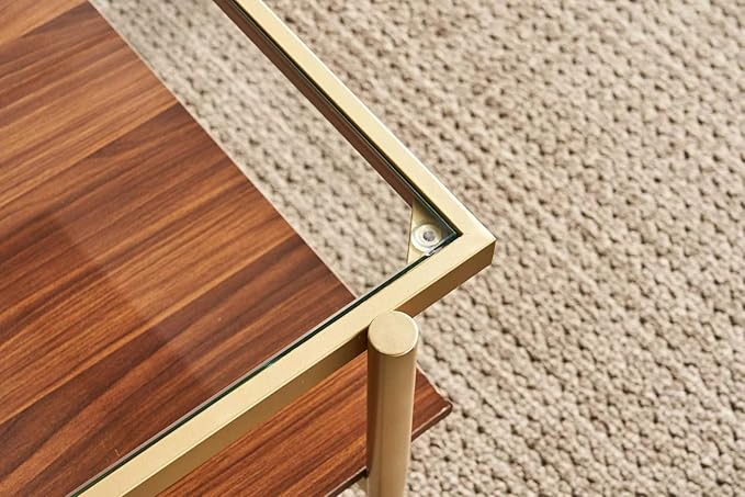 Shrine Rectangle Coffee Table, Mid-Century Modern Design, 2-Tier Structure, Clear Glass Top and Walnut MDF Shelf, 39.4" D x 21.6" W x 17.3" H, Sleek Conical Metal Legs with Gold Finish