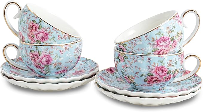 Tea Cup and Saucers, 6.4oz Floral Tea Cups with Gold Trim, Porcelain Teacup, Coffee Cappuccino Espresso Latte Mugs for Party Birthday,Party Cafe Home, Christmas Gift (Blue)
