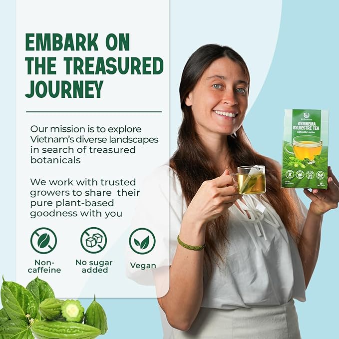 VieTreasures Gymnema Leaf Tea - 40 Tea Bags | With Bittermelon, Stevia | Non GMO, Caffeine-Free, Vegan, Keto-Friendly Organic Herbal Tea | Supports Glucose Metabolism Infusion, 2.8oz